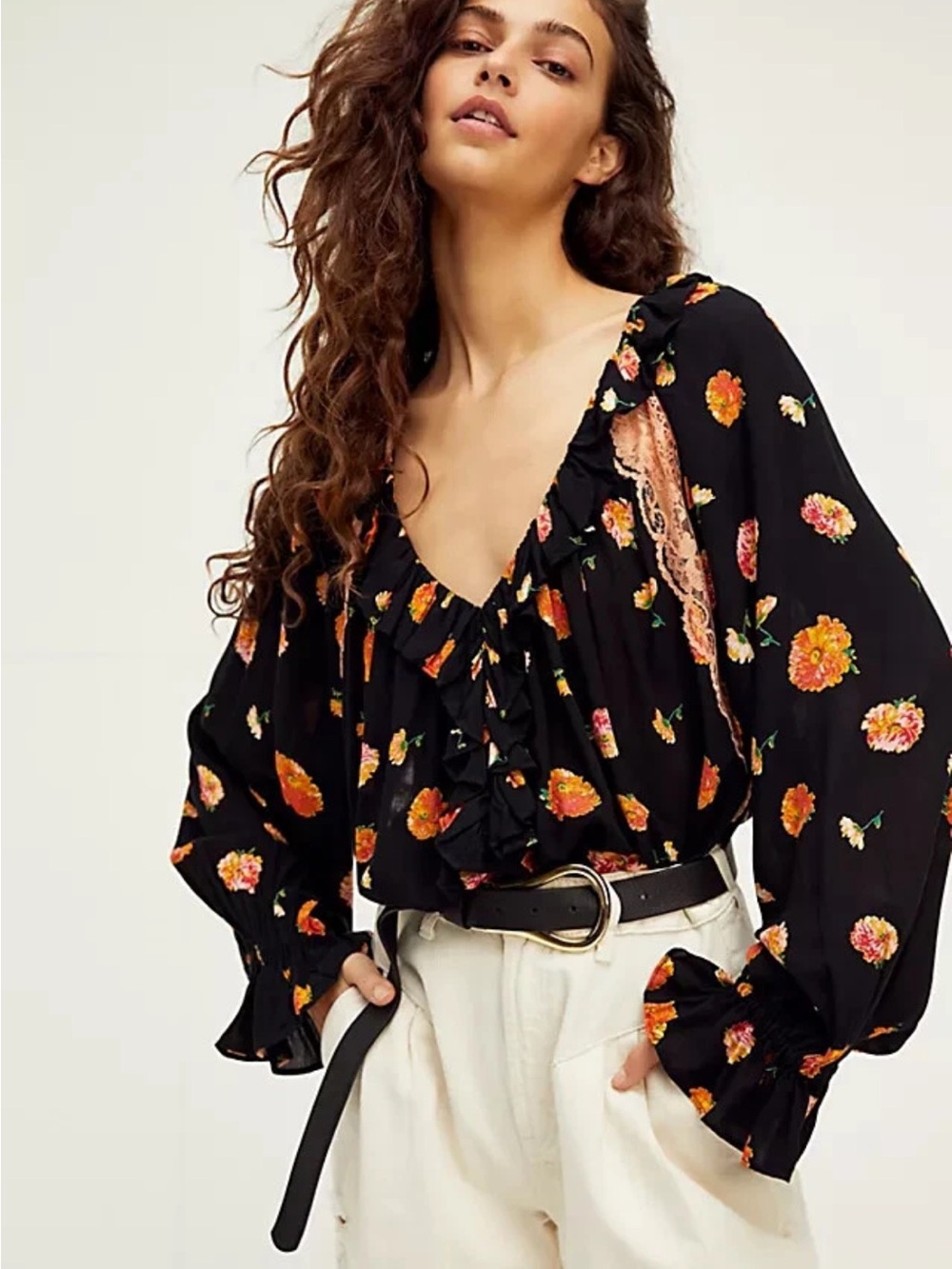 FREE PEOPLE POPPY Boho Black Floral Lace Ruffle Trim Peasant Cottage Bodysuit S